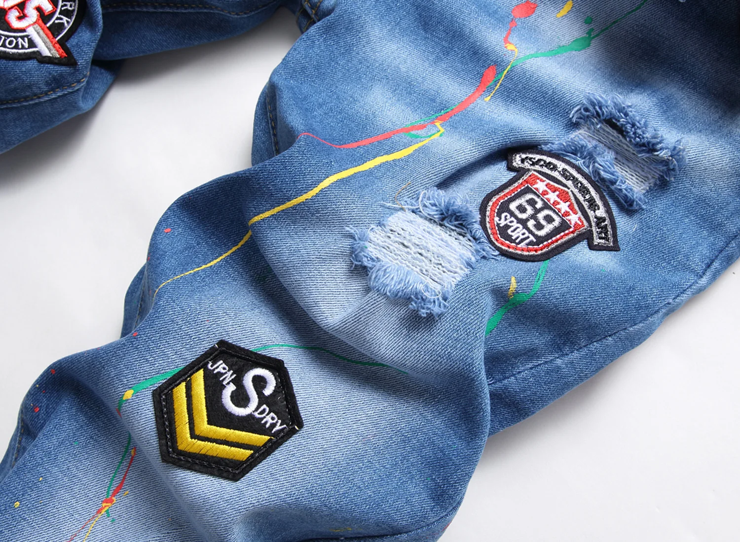 

European American Style Men's Original Badge Chaotic Stitching Cat Beard Monkey Hole Patch Elastic Slim Jeans Men
