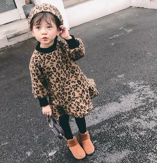 Новое поступление, осенне-зимнее модное леопардовое платье для девочек Детские платья с длинными рукавами, не с шапкой