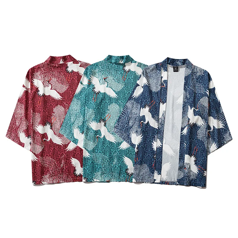

2020 Crane Printed Japanese Style Cat Samurai Kimono Streetwear Men Women Cardigan Japan Harajuku Robe Anime Clothes
