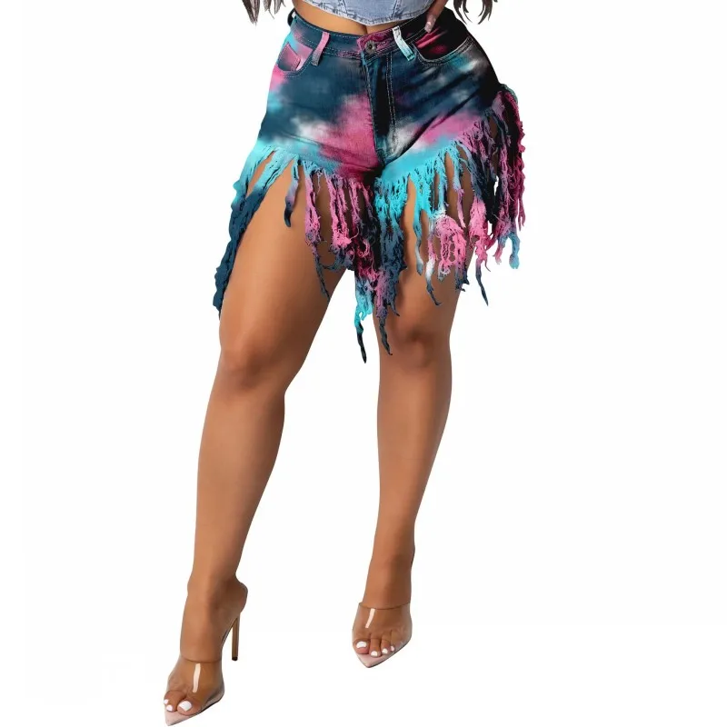 

Тай-дай короткие джинсы для женщин, женские джинсы, зауженные к низу с кисточками шорты 2021 Новое поступление; Летнее модные милые уличные Ст...