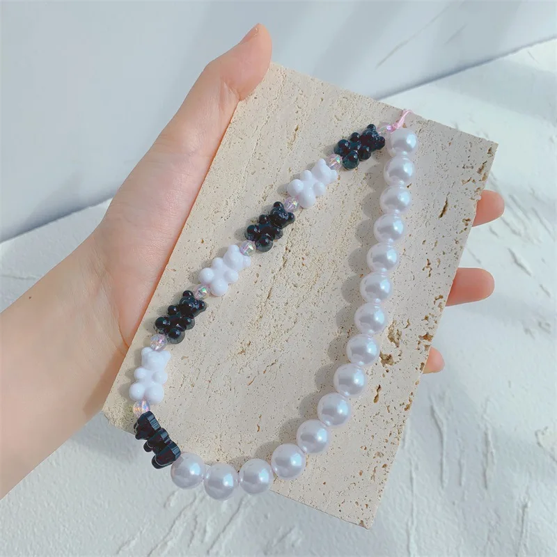 

Charming And Romantic Imitation Pearl Black And White Resin Bear Mobile Phone Decoration Women's Anti-Lost Lanyard Chain Jewelry