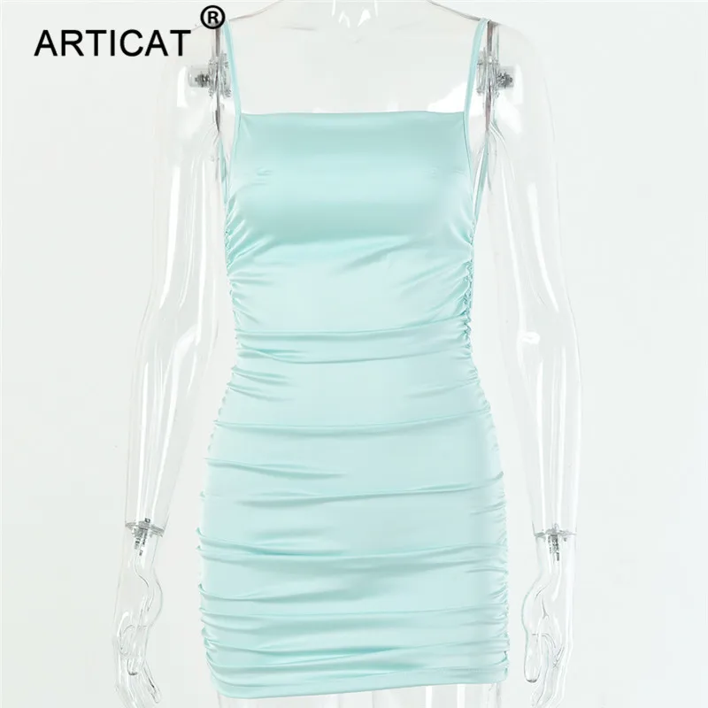 

Articat Spaghetti Strap Mini Satin Dress Women Sexy Backless Cross Bandage Bodycon Party Dress Pleated Stretch Short Club Dress