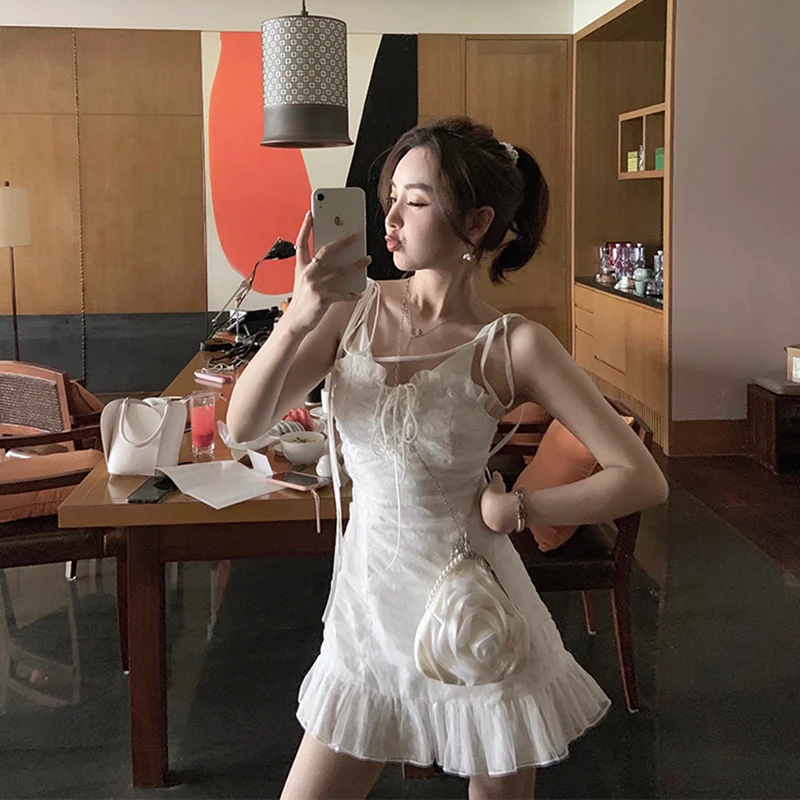 Пикантное белое кружевное платье с японским бантом женское летнее корейское