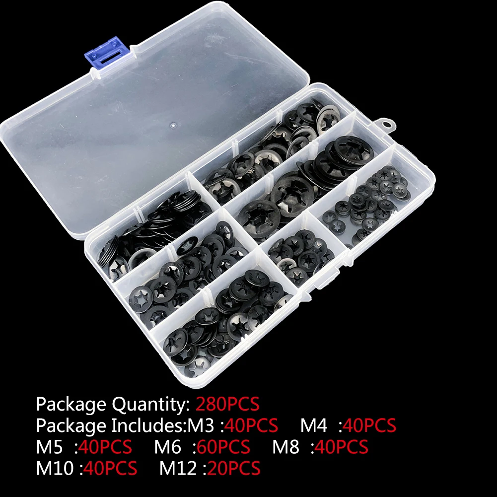 

260pc Metal Quincunx Push-on Locking Washer Speed Gasket Lock Clip Fastener Kit M3 M4 M5 M6 M8 M10 M12 For Manufacturing Fields