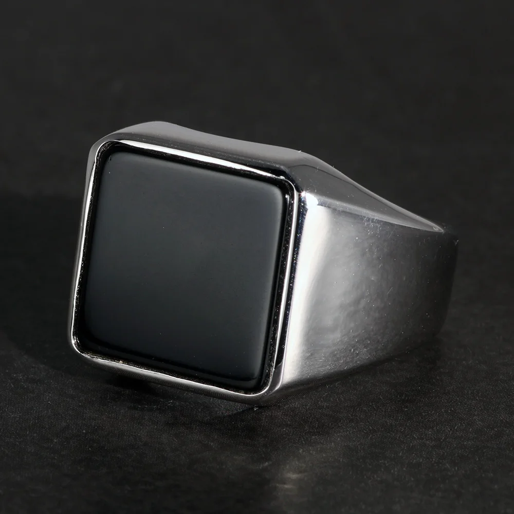 

Solid 925 Sterling Silver Square Plain Ring for Men With Natural Black Agate Simple Rustic Flat Top Hallmarked Band Male Jewelry