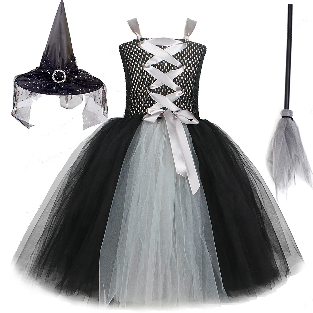 

Костюмы на Хэллоуин для девочек, длинные платья для косплея с серой и черной ведьмой, тюлевый наряд с шляпой и метлой, платье злой королевы