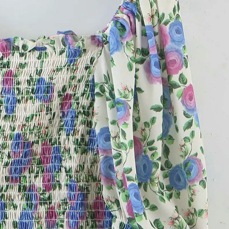 

Summer Women Blue Floral Cropped Top Above Belly Button Higher Fit Across Chest Shirring Bolero Blouses Puff Short Sleeve Look