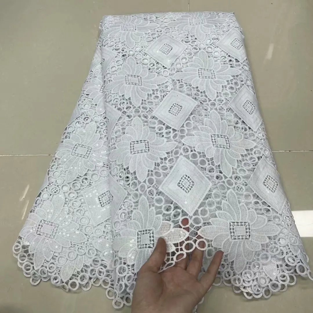 

Pure white water soluble lace with sequins High quality guipure lace for party dress material beautiful African cord lace Fabric
