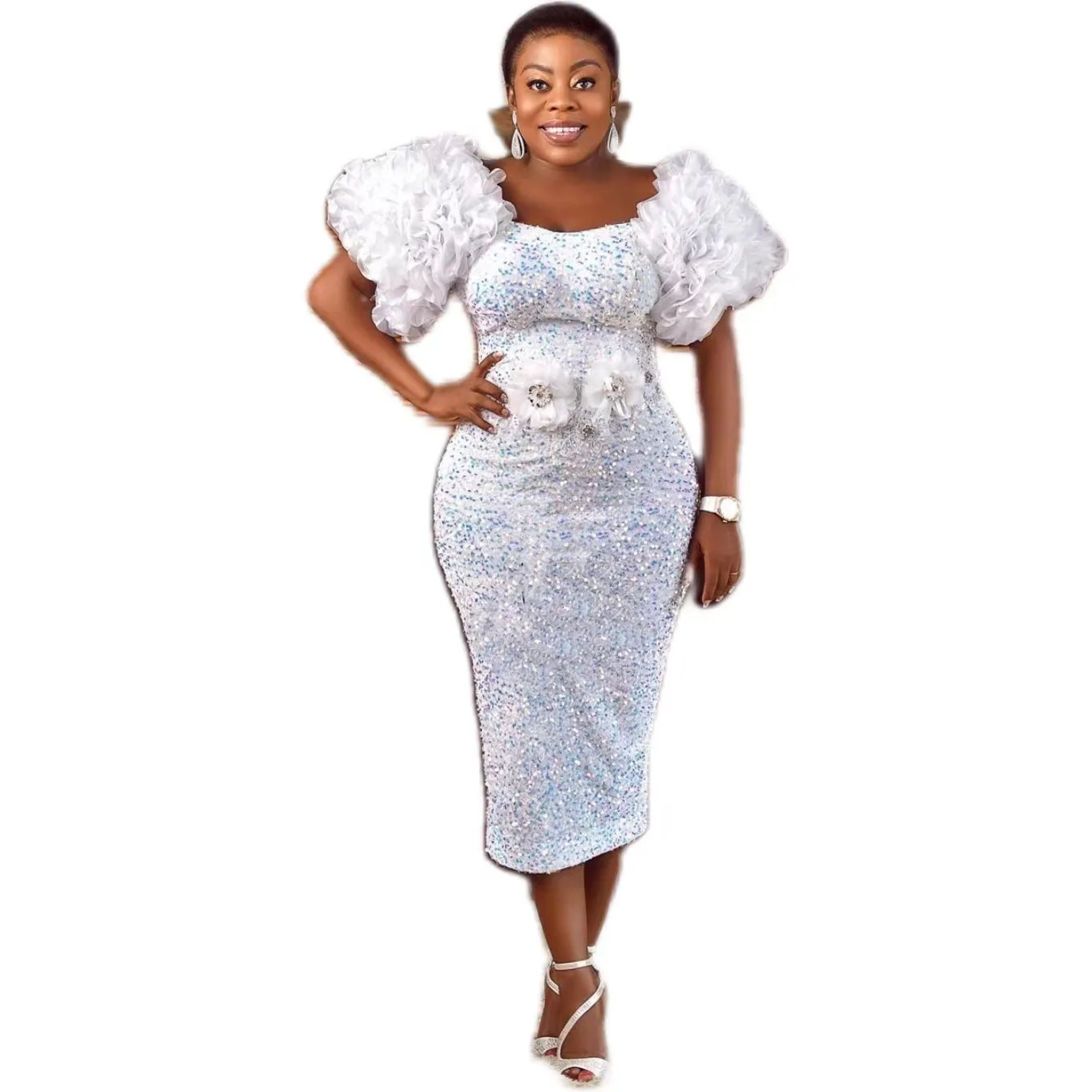 

African Dresses for Women Spring Autumn African Women O-neck White Pink Sequined Dress Christmas Robes African Clothes