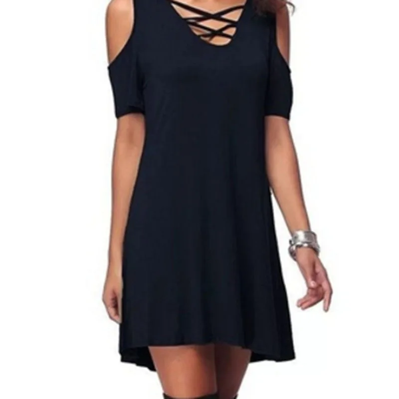 Женское мини-платье с открытыми плечами свободное платье-туника длинными