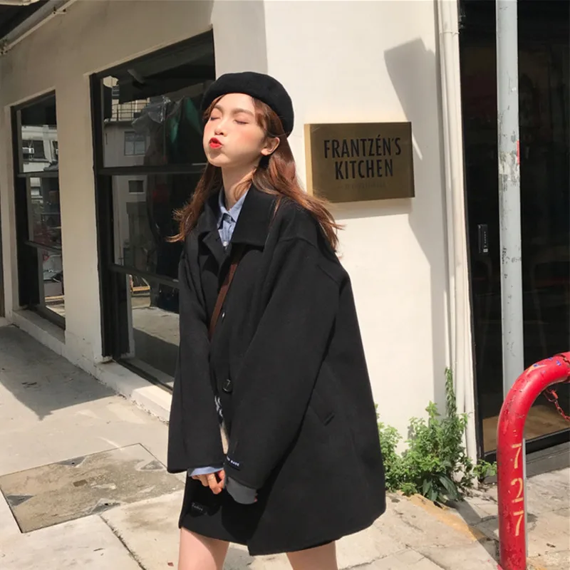 

Новинка Осень-зима 2021 женское корейское шерстяное пальто средней длины с лацканами свободное универсальное однотонное повседневное уличн...