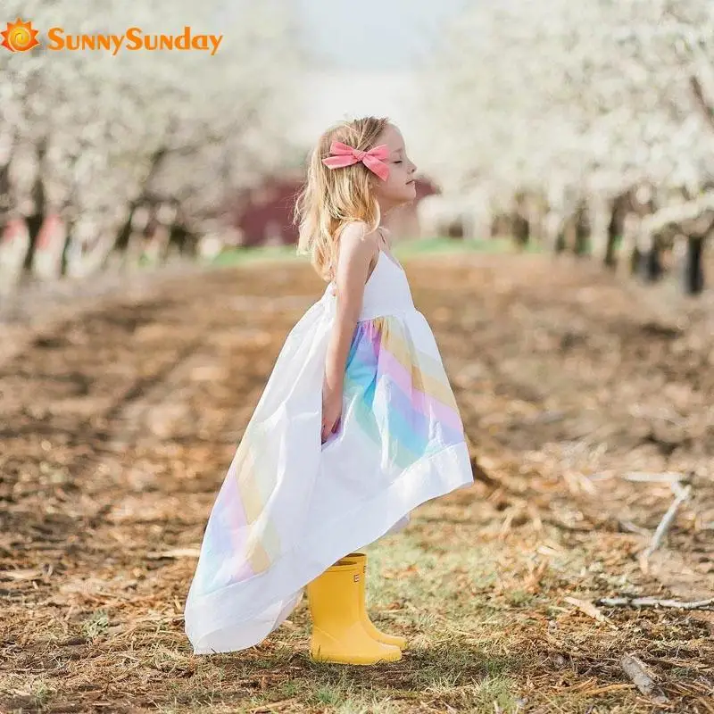 

2018 Fashion Ins Girls Dress Princess Summer Cotton Short Front Long Back Solid Rainbow Print Sling Dresses Children Clothing