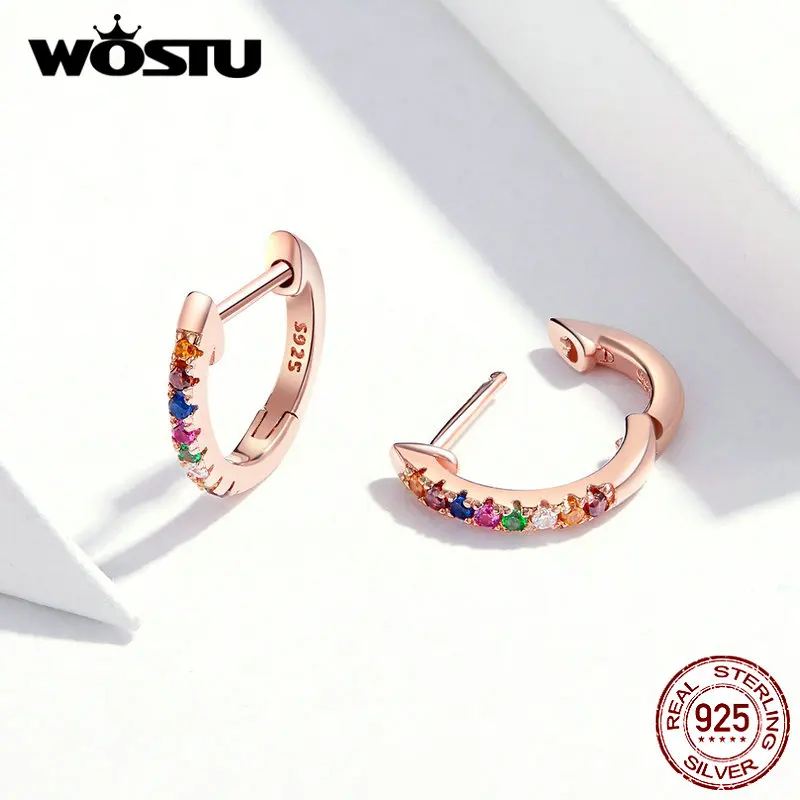 WOSTU Real 925 Sterling Silver Colorful Zircon Rose Gold Stud Earrings For Women Wedding Small Jewelry Gift DXE721-C | Украшения и