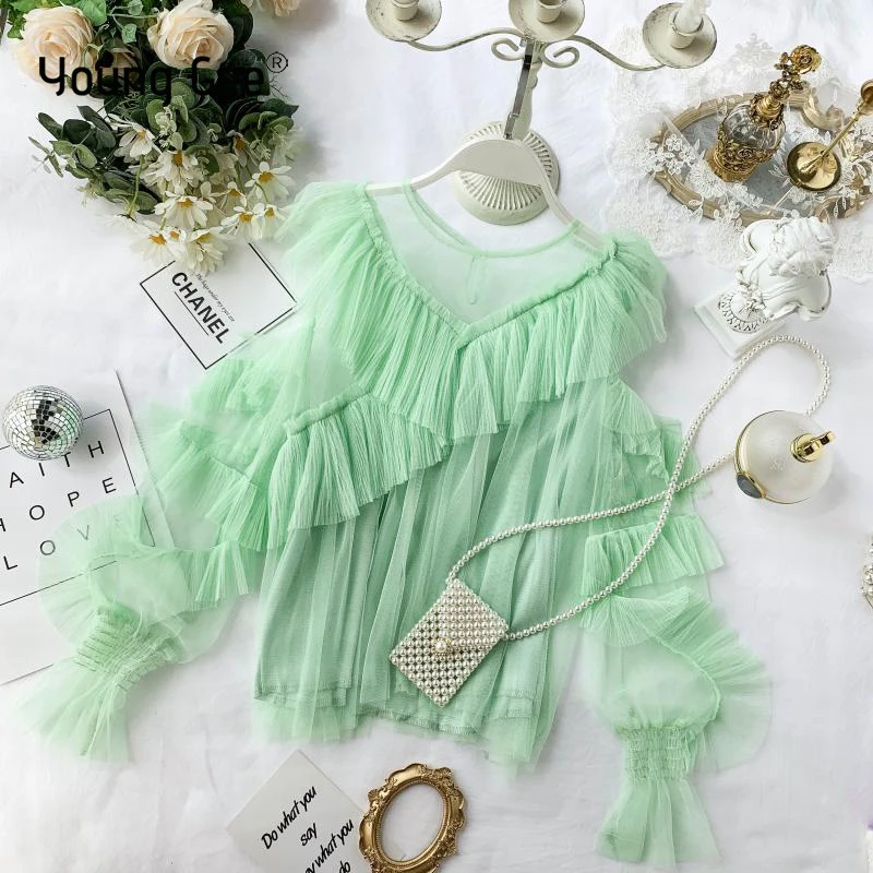 YoungGee женская блузка сексуальная с открытыми плечами сетчатая рубашка модная