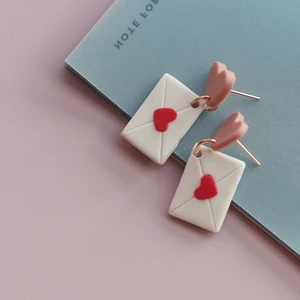 Spring Collection Cute Small Size Dangle Heart Pink Red Stamp Envelop Long Links Polymer Clay Earrin in Pakistan
