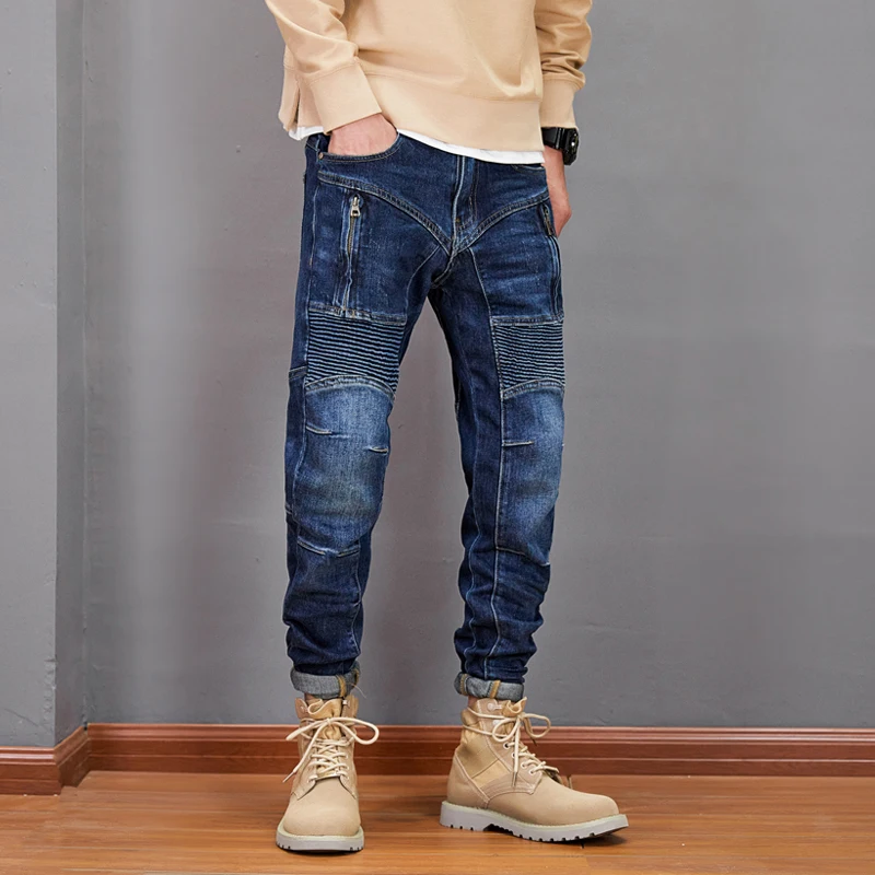 American Street Style Fashion Men Jeans Retro Black Gray Elastic Slim Fit Spliced Designer Biker Jeans Men Hip Hop Denim Pants