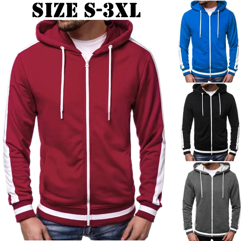 

Men's Zipper Hoodie Top White Stripe Stitching Color Hooded Sweatshirt Males Casual Sport Zipper Hooded Pullovers Blouse