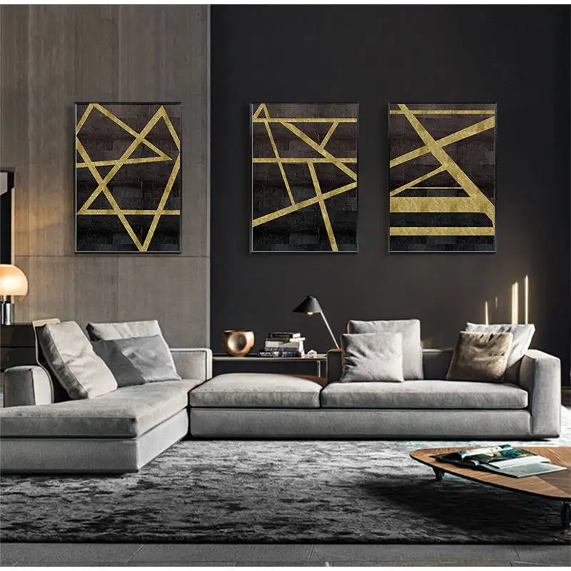 Современные абстрактные золотые и черные геометрические картины стены