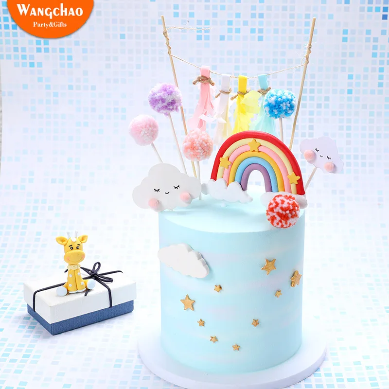 Polymer Clay Rainbow Cute Smile Cloud Star Theme Cake Topper Beautiful Cotton Balls Kids Favors Party Supplies Decoration | Дом и сад