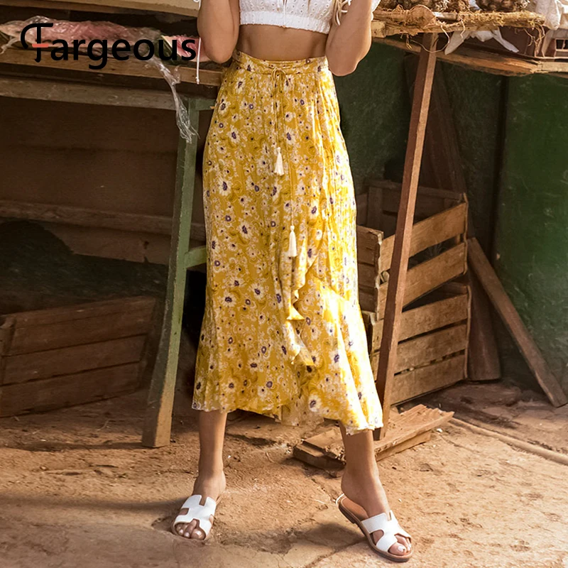 Женская юбка с кисточками Fargeous желтая летняя Пляжная высокой талией|Женские