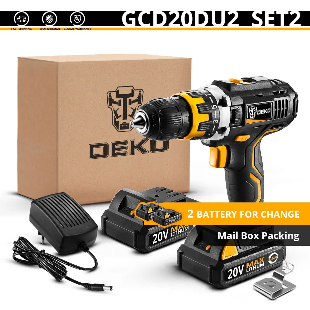 DU2SET 2 DEKO GCD20DU серии Электрическая отвертка аккумуляторная ударная дрель Мощность драйвер 20V Макс DC литий-ионный Батарея 13 мм 2-Скорость - Цвет: DU2SET 2