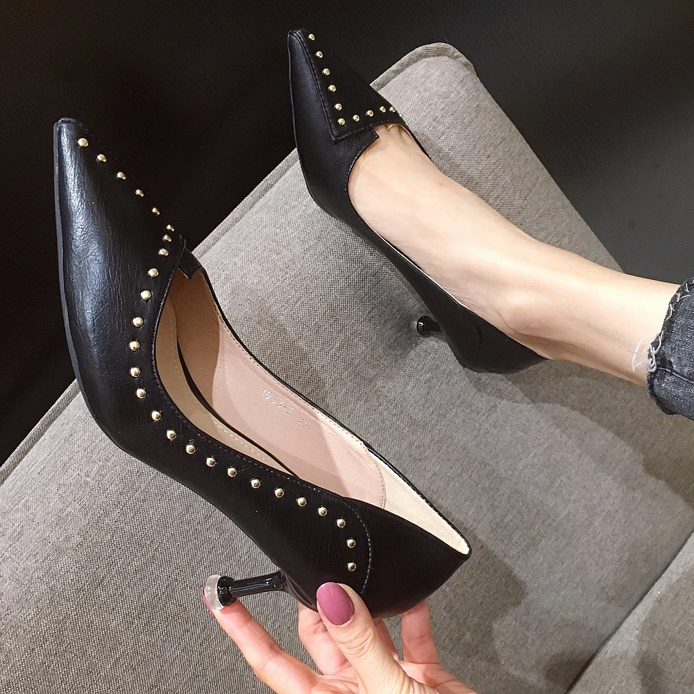 Women Pumps 2020 Brand Spring High Heels Shoes Fashion Pointed Toe Rivet Female 6cm Heel Office Ladies Party Single | Обувь
