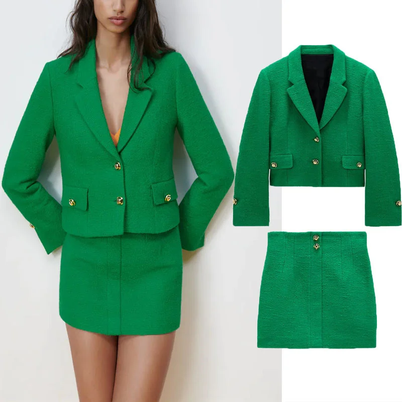 

Летние зеленые укороченный пиджаки для женщин 2021 Za; С отложным воротником на пуговицах с длинными рукавами Блейзер на каждый день с кармана...