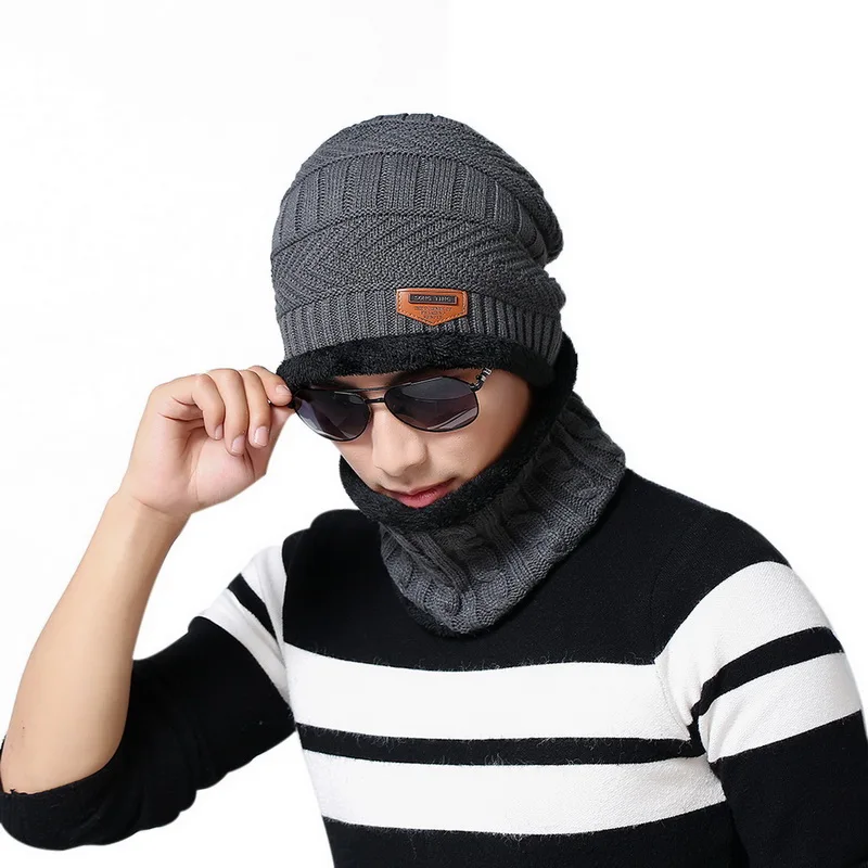 grey1 Комплект из 2 предметов, повседневная шапка+ шарф, модный мужской комплект, новинка, зимние теплые вязаные плотные шапки с черепом и мягкие плюшевые шерстяные шарфы - Цвет: grey1