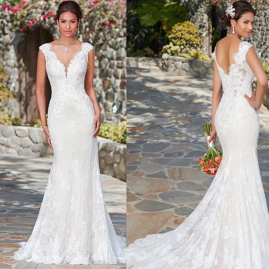 

Verngo Modest Full Lace Applique Mermaid Wedding Dress V Neck Cap Sleeves Sweep Train Bridal Gowns Plus Size