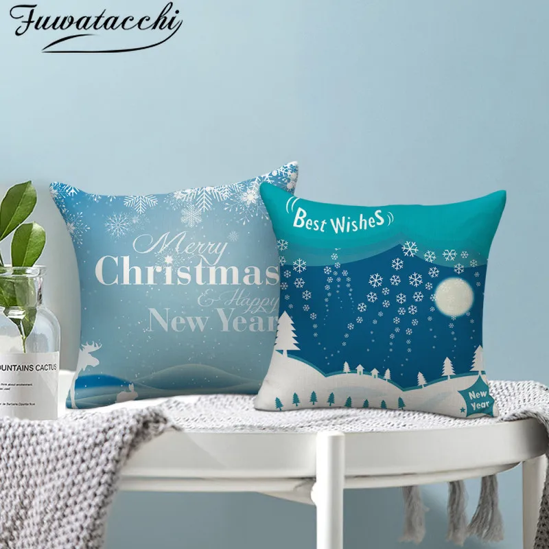 

Fuwatacchi Blue Christmas Gift Cushion Cover Xmas Snow Bell Photo Throw Pillow Cover for Home Sofa Decor Pillowcases Funda Cojin