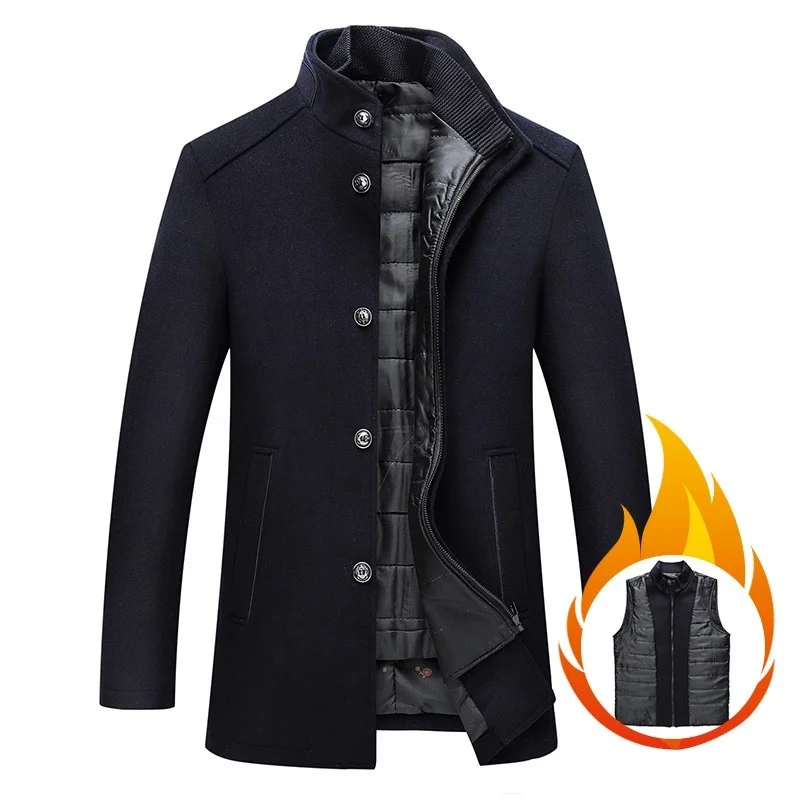 

Wool Mens Blends Business Casual Coat Stand Collar Thick With Vest Liner Warm Jacket Man Slim Single Breasted Outwear Overcoat