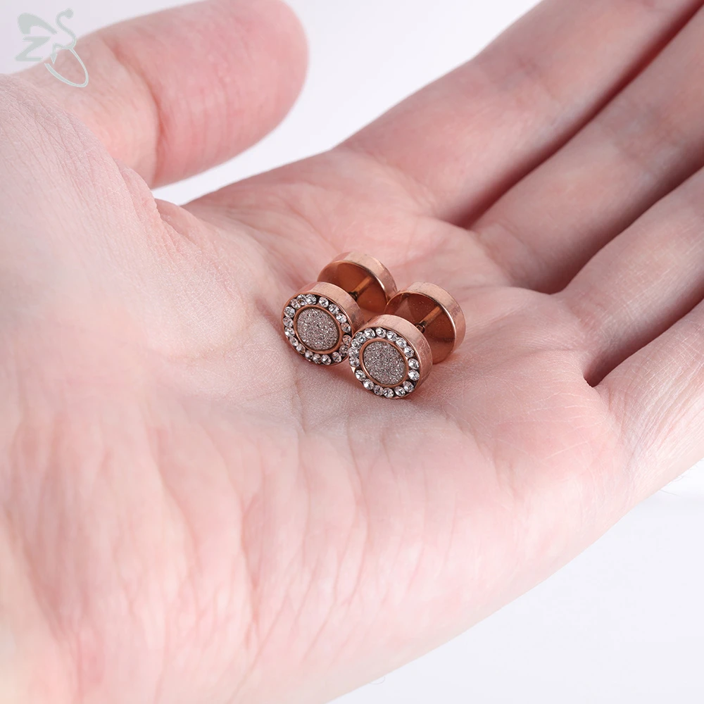 ZS Stainless Steel Stud Earrings For Women Girls Shiny AAA Cubic Zirconia Round Ear Gold Rose Color 16G Fake Plugs | Украшения и