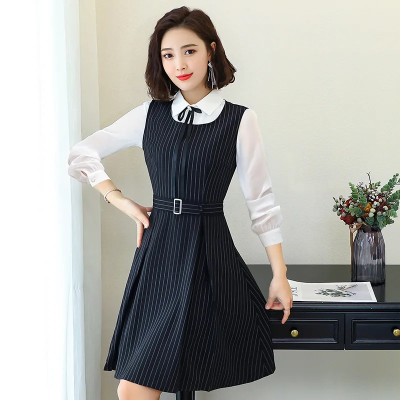 Striped Tank Dress 2 Piece Set White Shirt Midi Knee Round Neck Pleated Professional Work 801840 | Женская одежда