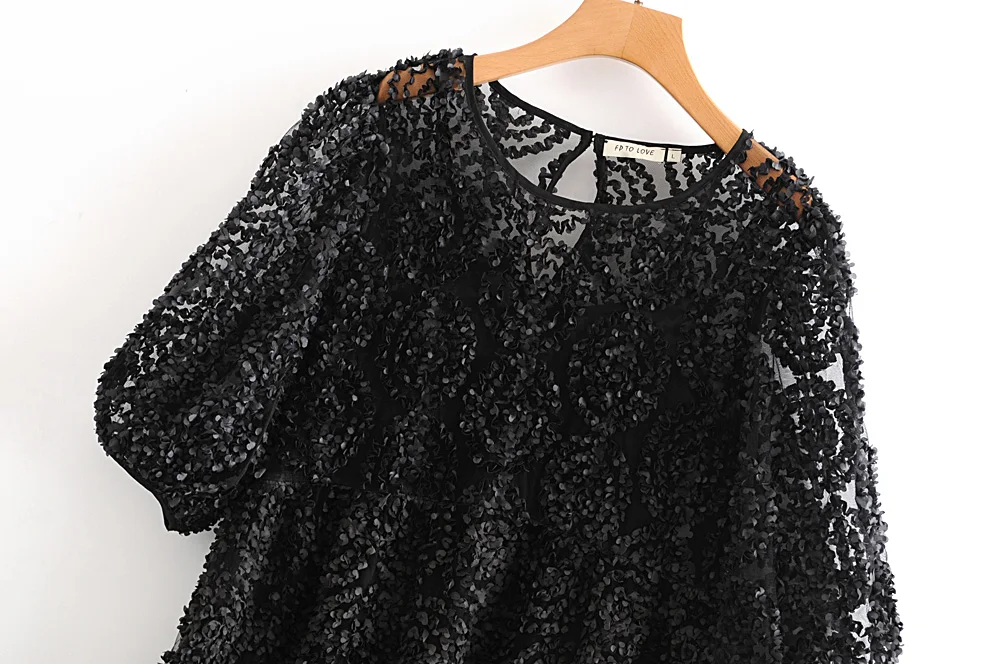 Star firefly casual western puff sleeve round neck openwork lace Za long dress female loose stitching dress women