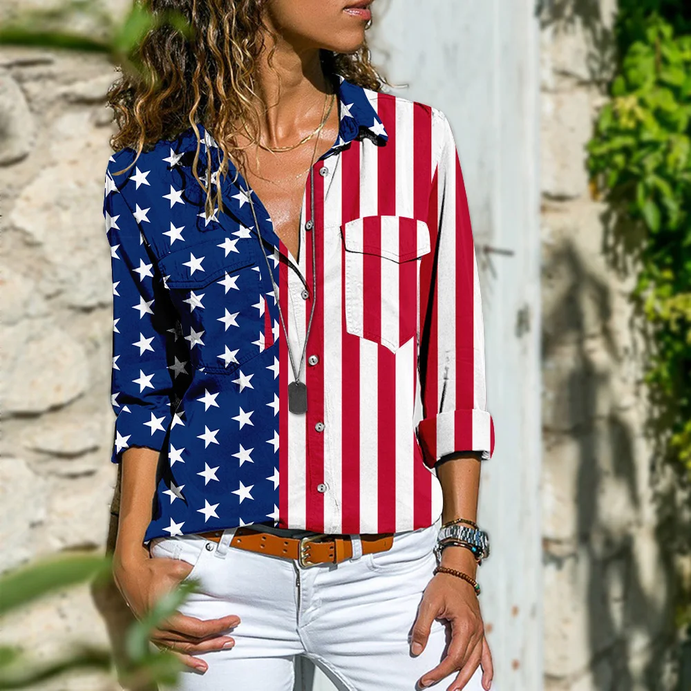 

Flag Day Retro print casual blouse
