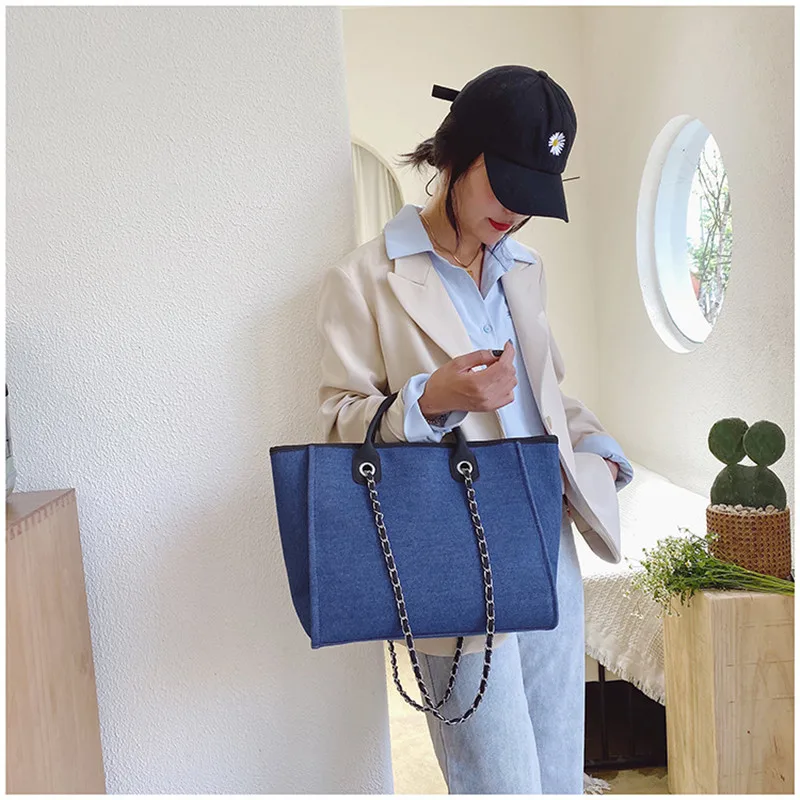 

2020 New Korean Fashion Leisure Canvas Hand Bag Simple Chain Shoulder Crossbody Mass Large Capacity Tote Bag Messenger Bag