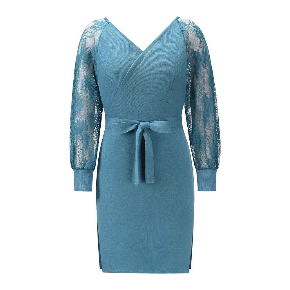 

Lace knitting dress autumn / winter 2020 new large women's wear Europe and America