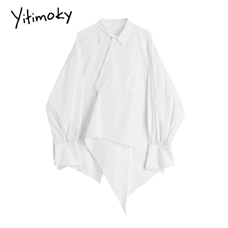 

Женская рубашка Yitimoky, белая Асимметричная шикарная черная блузка с отложным воротником, однобортная модная одежда с длинным рукавом, весна ...