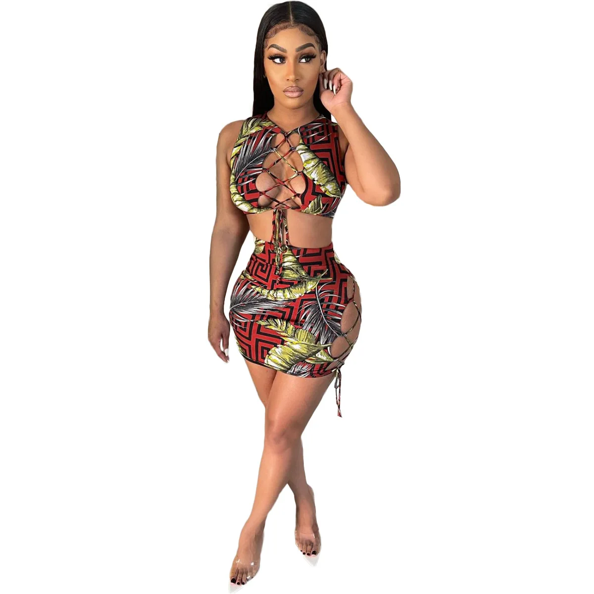 

Milk Silk Print Skirt Two-piece Sleeveless Sexy Strappy Casual Suit Women Summer 2021