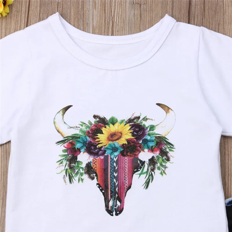 Футболка с цветочным рисунком комплект одежды для маленьких девочек топы в