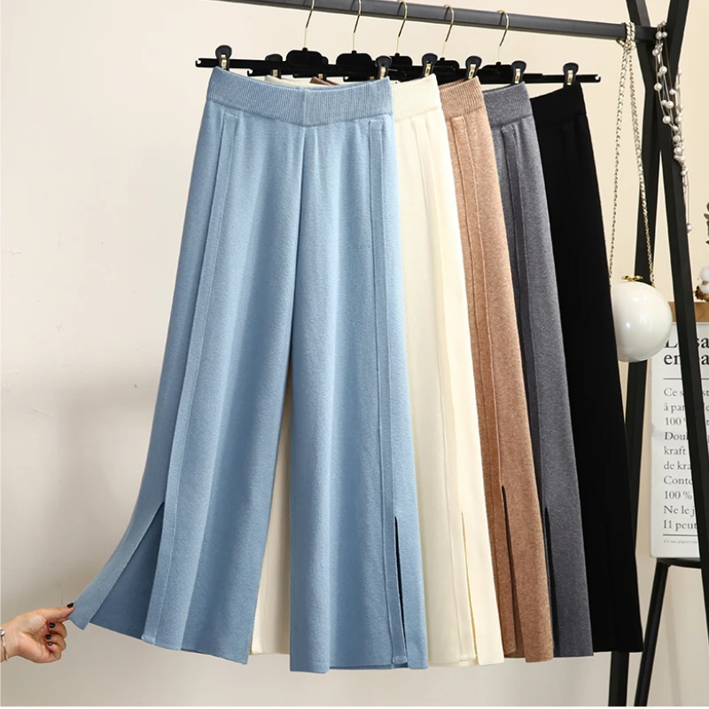 

Autumn Winter Womens Cashmere Blend Knitted Wide Leg Ankle Pants Elastic Waist Hem Split Loose Knit Trousers Blue Gray Khaki