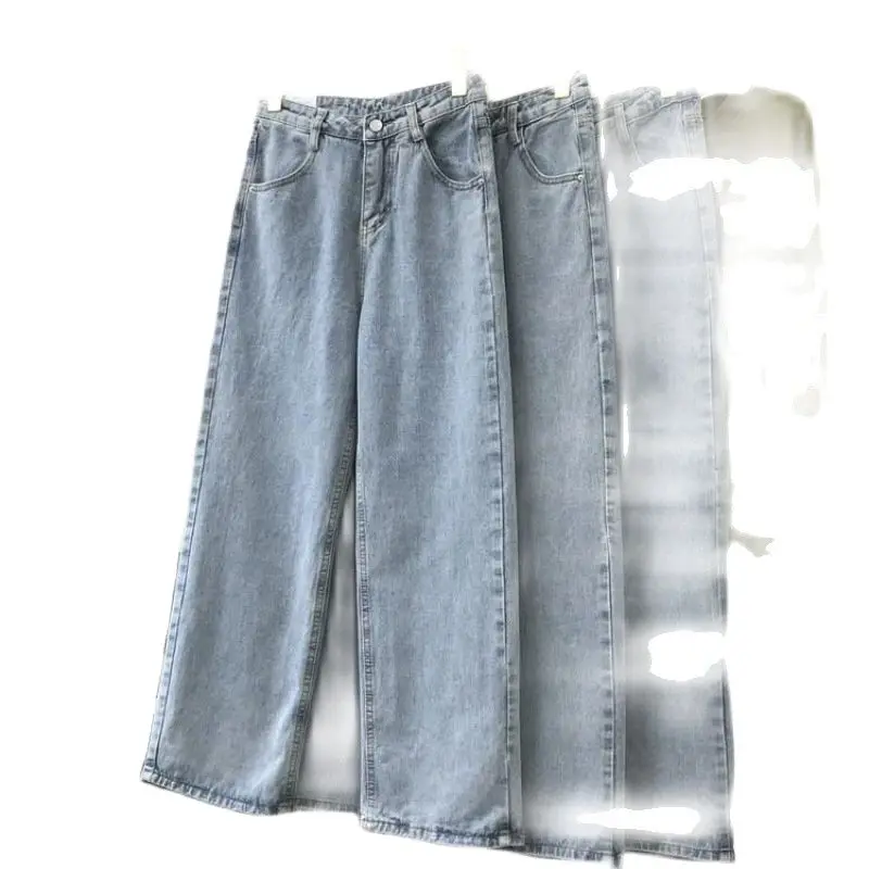 

2021 Autumn Women Korean Straight Long Pants Blue Denim Trousers Vintage Wide Leg Pants High Waist Casual Loose With Belt Light