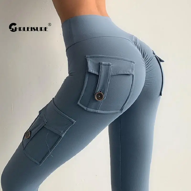 

CHRLEISURE Tight Sport Leggings Sexy Fold Pocket High Waist Hip LIft Elasticity Yoga Pants Running Quick Dry Fitness Sportswear