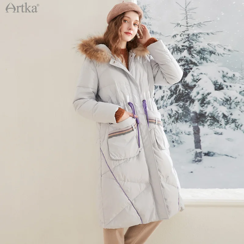 

ARTKA 2021 Winter New Women Down Coat Fashion Casual 90% White Duck Down Coat Long Hooded Fur Collar Drawstring Outwear YK15096D