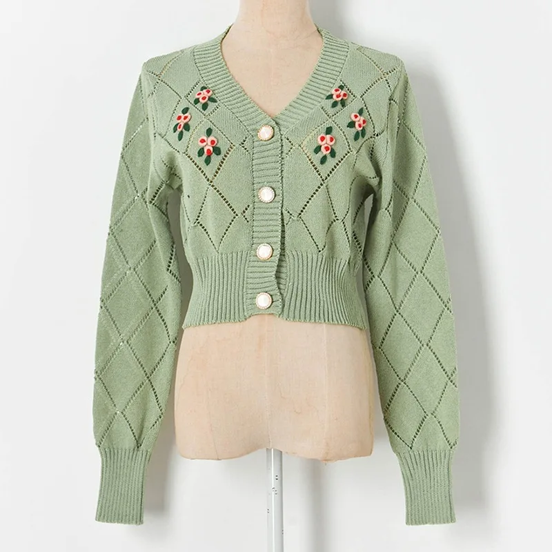 

Korean Style Cropped Cardigan 2021 SPring V neck Hollow out Floral Appliques Short KNitted Sweater Jacket Long Sleeve Top