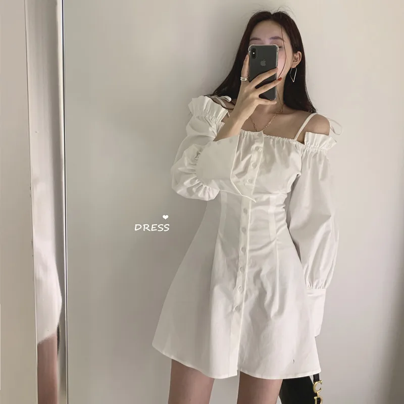 

women dresses 2019 autumn spring korean style clothes off shoulder white long sleeve sweet a-line vintage casual shirt dress