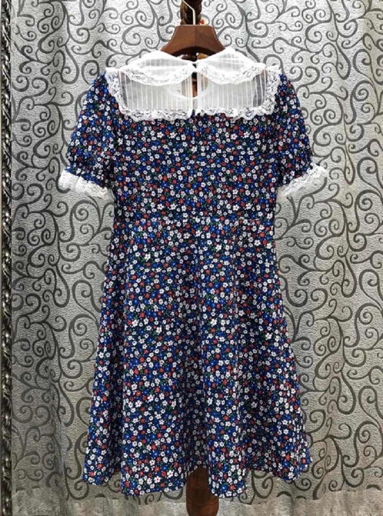 

Sweet Cute 2020 Summer Korean Style Ladies Elegant Little Flower Print White Lace Color Block Short Sleeve Dress Lolita