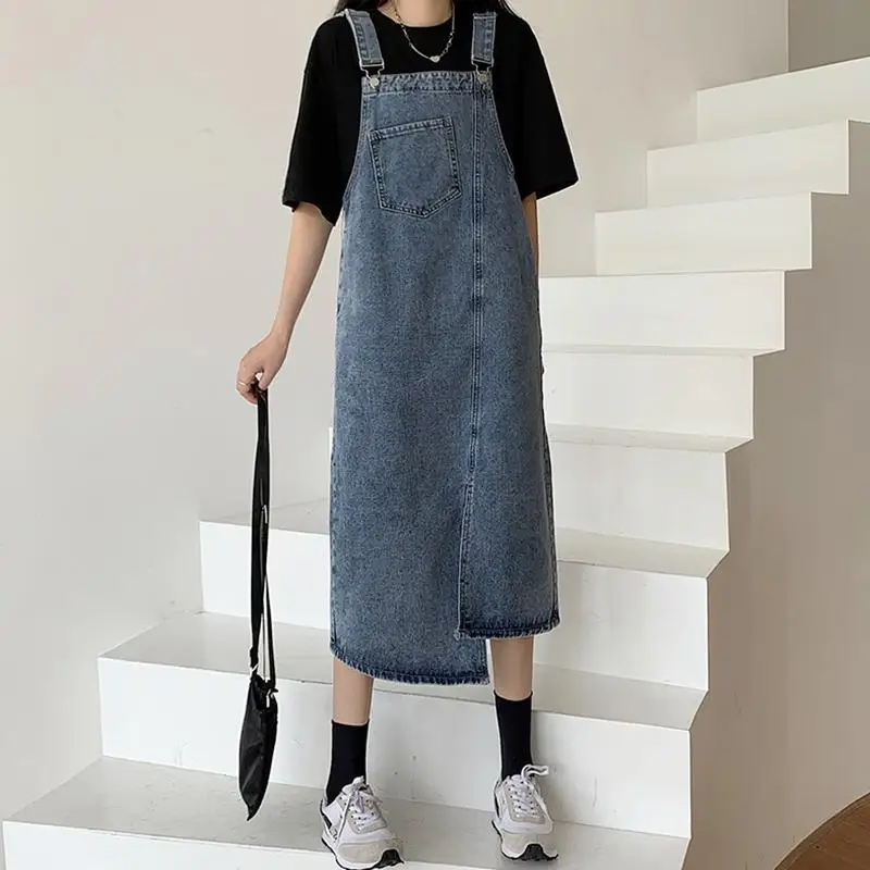 Женские джинсовые платья без рукавов однотонные свободные асимметричные