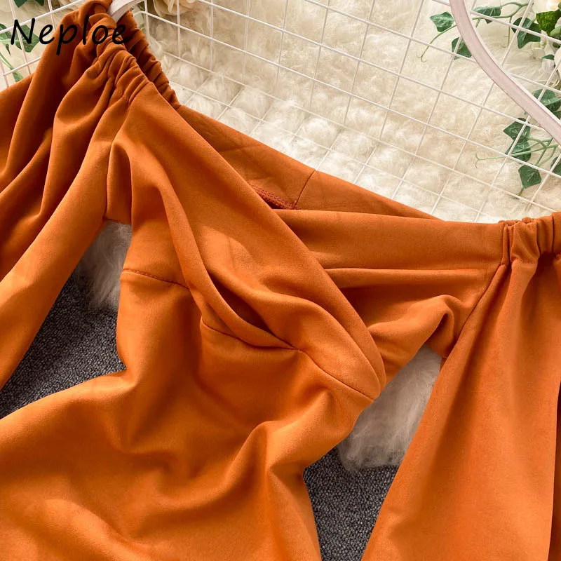 

Neploe Temperament Female Dresses Autumn 2021 New Retro Lantern Sleeve V-neck Slim Wasit Solid Simple Split Vestidos Dress 82299