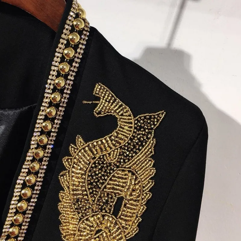 Luxury Court Style Wedding Suit Coat Men Handmade Beading Collar Embroidered Slim Blazer Male Streetwear Hip Hop Outerwear S-XL